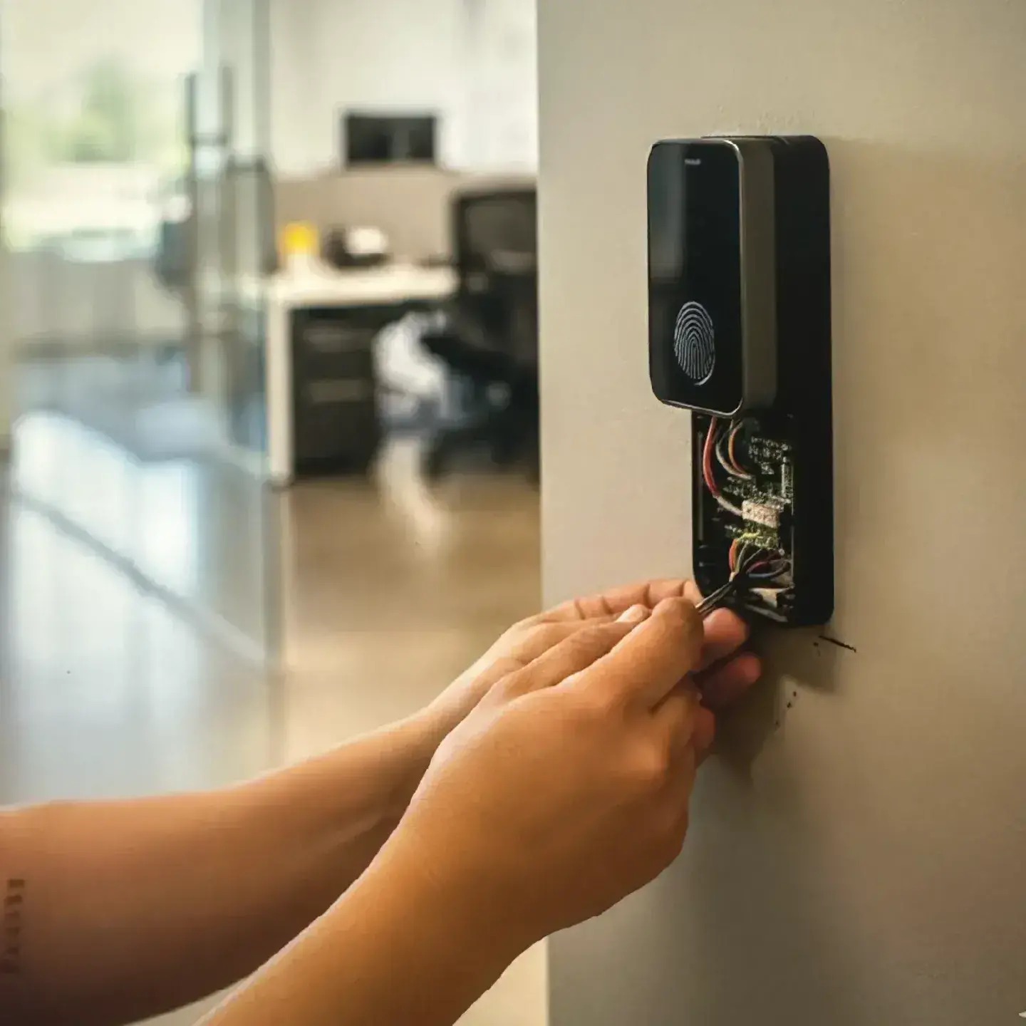Commercial locksmith installing access control system on office door