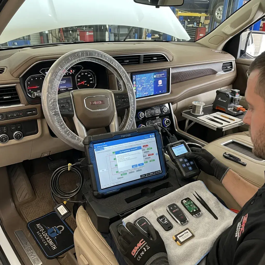Mobile auto locksmith programming a GMC key with Topdon diagnostic tablet and Xhorse key cutter