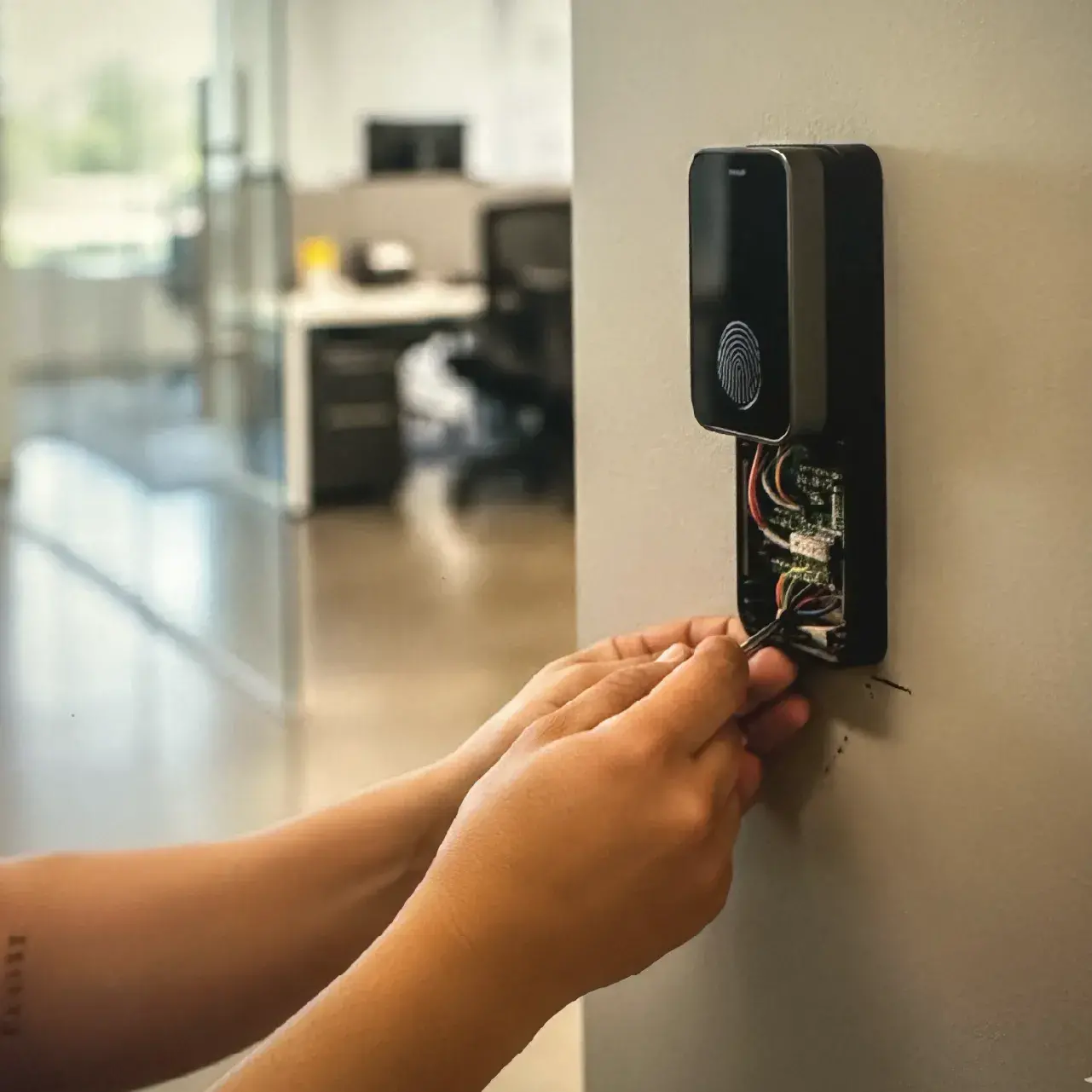 Commercial locksmith installing access control system on office door